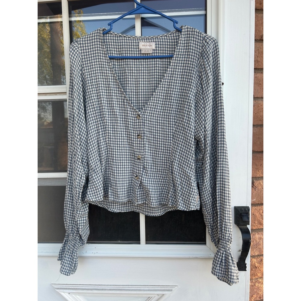Brixton Womens Gingham V-Neck Button Front Blouse Smocked‎ Small Preppy Coastal